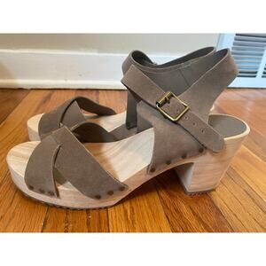 Loft criss cross suede leather wooden sandals ankle strap taupe/ brown size 9